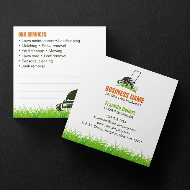 Professional Green Orange Lawncare Landscaping Mow Square Business Card (Creator Uploaded)
