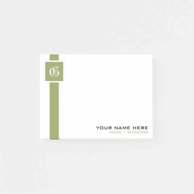Professional Green & White Stripe Monogram Post-it Notes (Front)