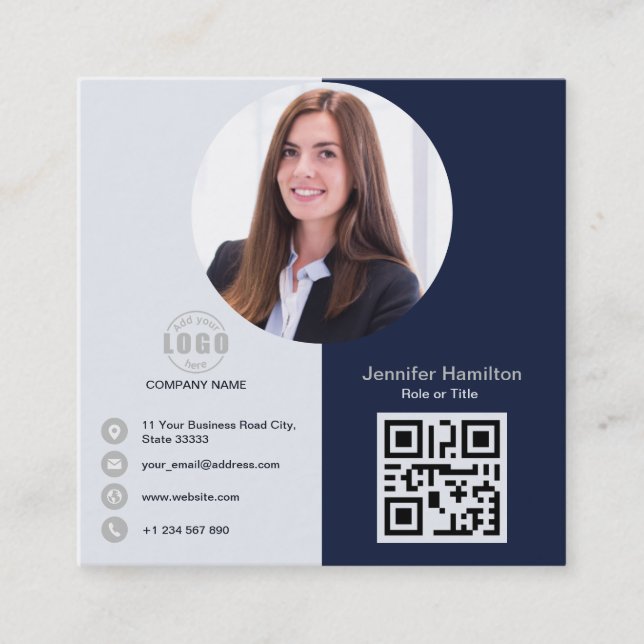 Professional Grey add your Photo QR Code Square Bu Square Business Card (Front)
