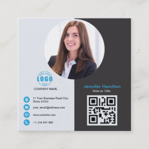 Professional Grey Blue add your Photo QR Code Squa Square Business Card