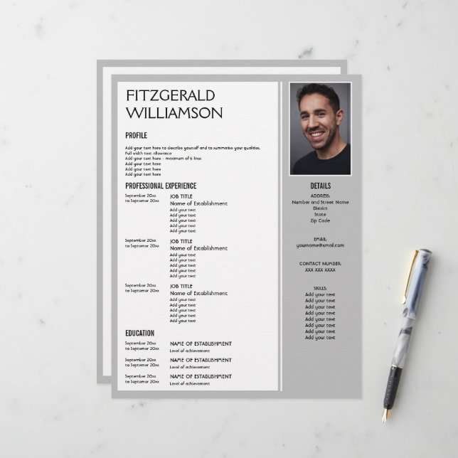 Professional Grey Custom Photo RESUME  Letterhead (Front/Back In Situ)