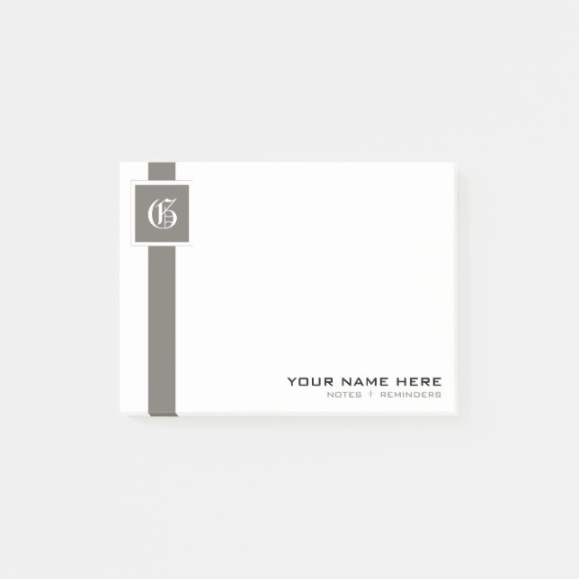 Professional Grey & White Stripe Monogram Post-it Notes (Front)