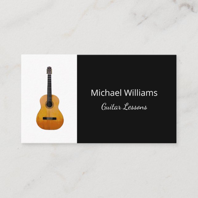 Professional Guitar Music Lessons Black White Business Card (Front)