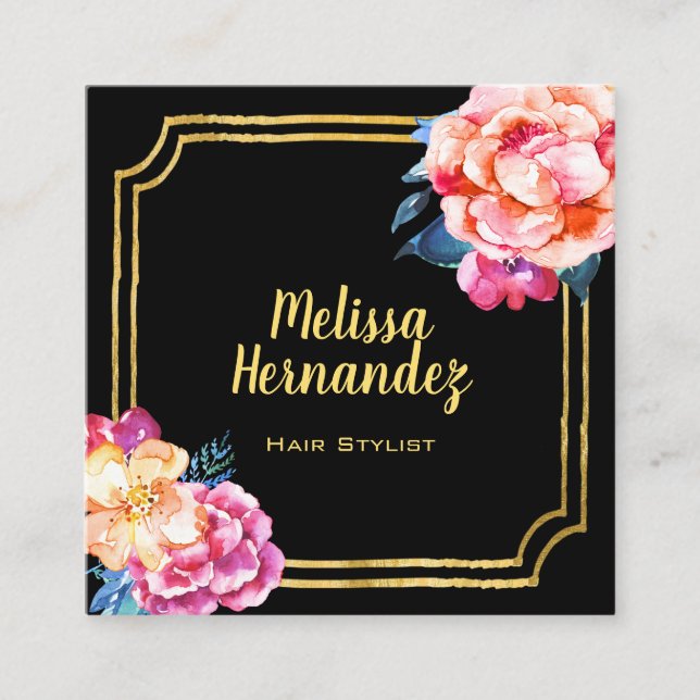 Professional Hairstylist Floral Pink Black Gold Square Business Card (Front)