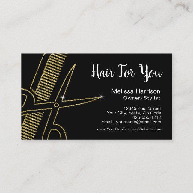Professional Hairstylist Gold Glitter Scissors Business Card (Front)