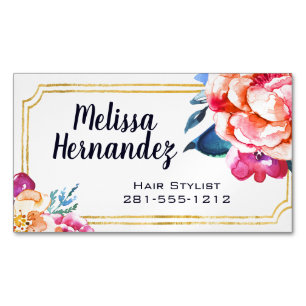 Professional Hairstylist Hair Floral Pink Blue Magnetic Business Card