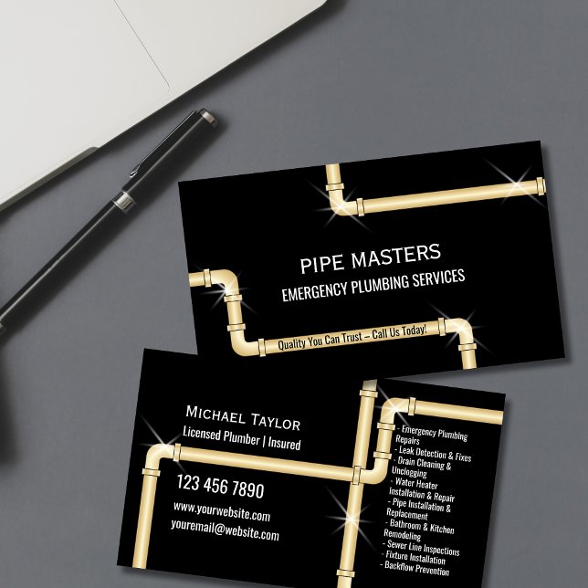 Professional Handyman Plumber Pipes Plumbing Tools Business Card (plumbing pipes in gold color on the black background business cards)
