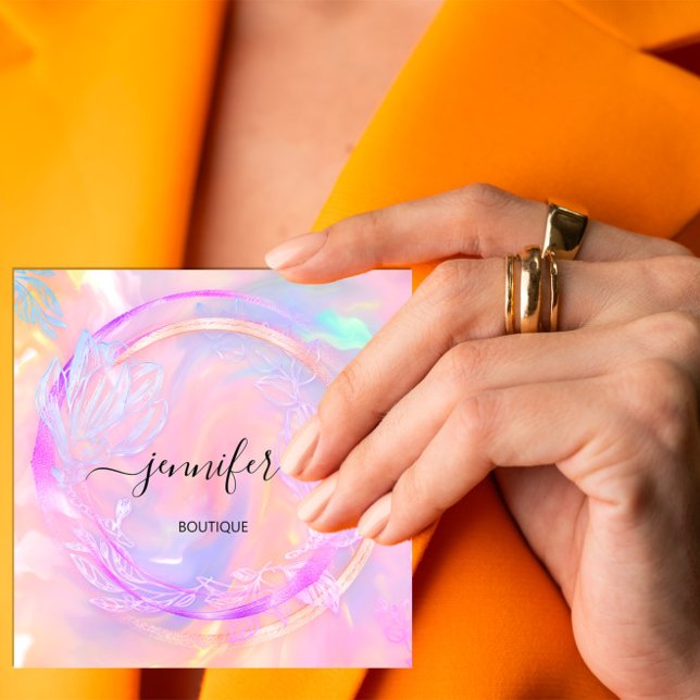 Professional Holographic Floral QR Code Logo  Square Business Card (Professional Holographic Floral QR Code Logo Square Business Card)