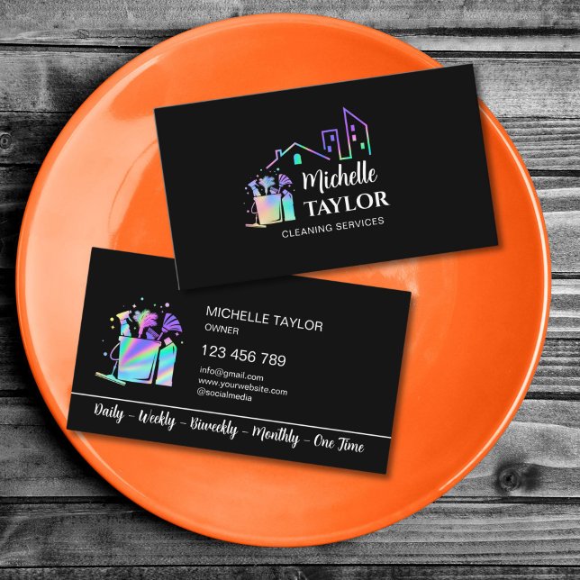 Professional House and Office Cleaning Services Business Card (Professional House and Office Cleaning Services Business Card with holographic cleaning tools logo)