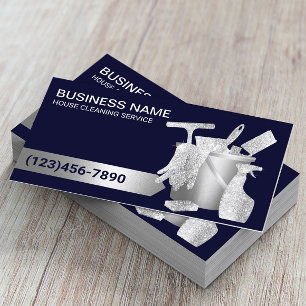 Professional House Cleaning Navy Blue & Silver Business Card