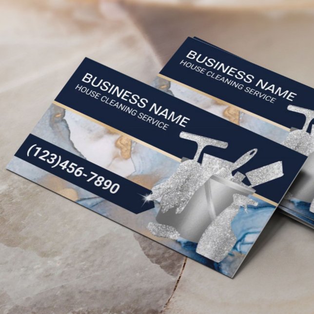 Professional House Cleaning Navy Blue Watercolor Business Card (Creator Uploaded)