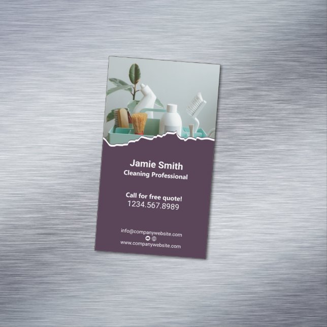 Professional House Cleaning Purple White Magnetic Business Card (In Situ)