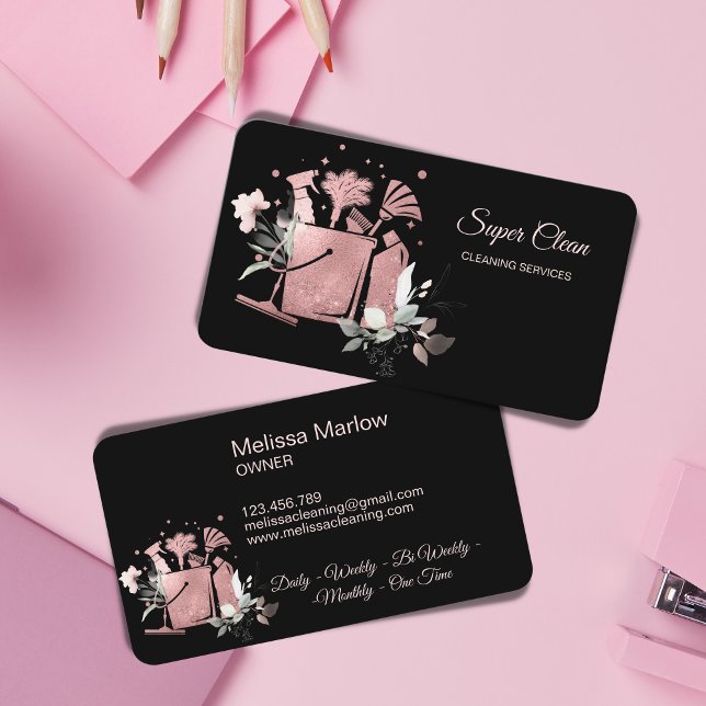 Professional House Cleaning Rose Gold Glitter Busi Business Card (Creator Uploaded)