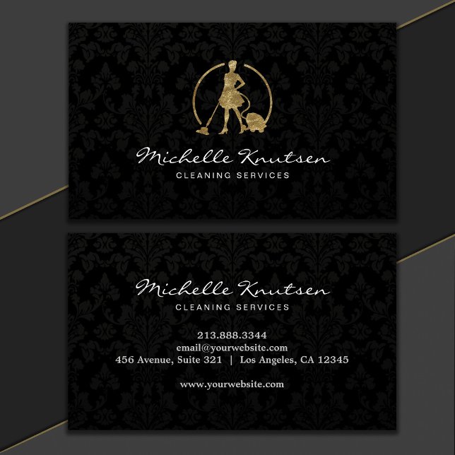 Professional House Cleaning Service Black Damask   Business Card (Creator Uploaded)