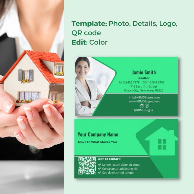 Professional House Symbol Design Realtor Business Card (Professional House Symbol Design Realtor Business Card, Profile Photo, Service List,QR code, Tagline)