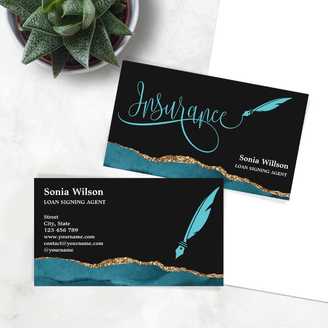 Professional Insurance Agent Teal Agate Gold Business Card (Creator Uploaded)