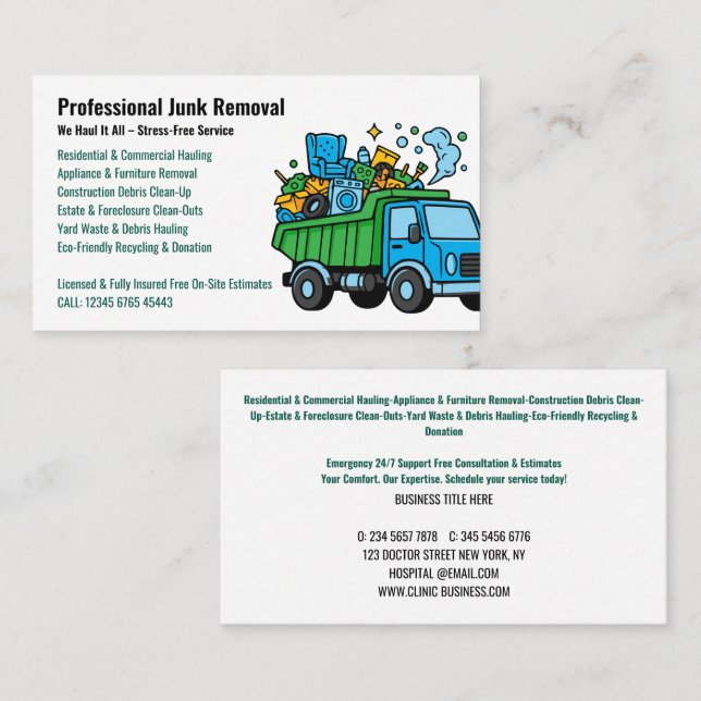 Professional Junk Removal & Hauling Services Business Card (Front/Back)