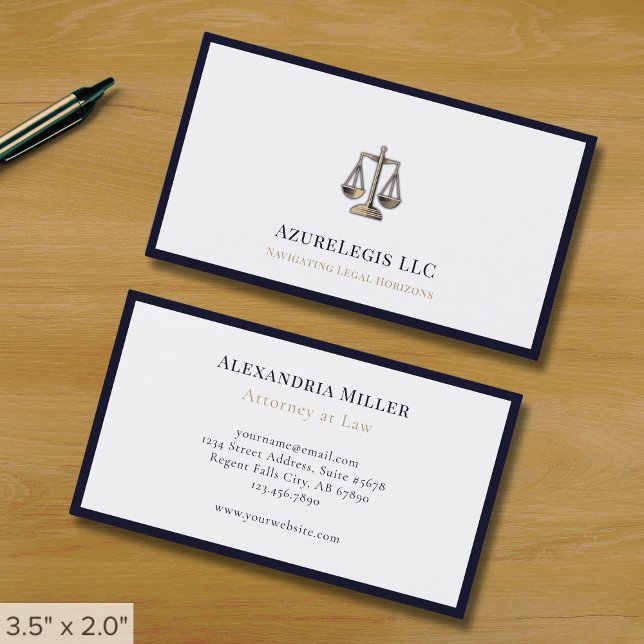 Professional Justice Scales Navy Blue Border Business Card (Creator Uploaded)