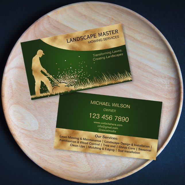 Professional Landscape Lawn Care Mowing Gardening Business Card (golden mower on the black background landscaping business card)