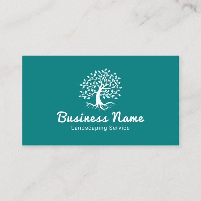 Professional Landscaping Lawn Care Tree Logo Teal Business Card (Front)