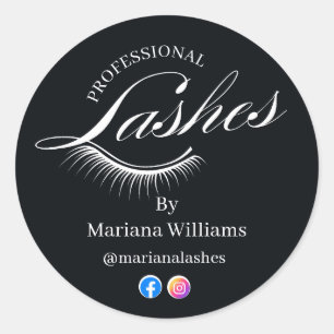 professional lashes, social media black classic round sticker