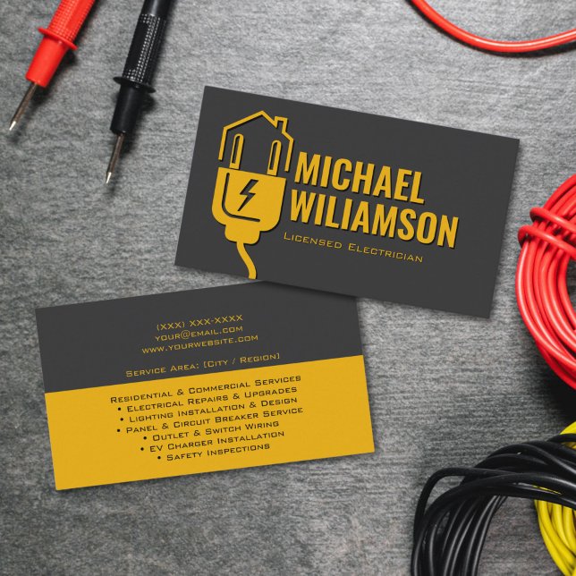 Professional Licensed Electrician Electrical Work Business Card (Licensed electrician business card template with modern layout and clear contact info)
