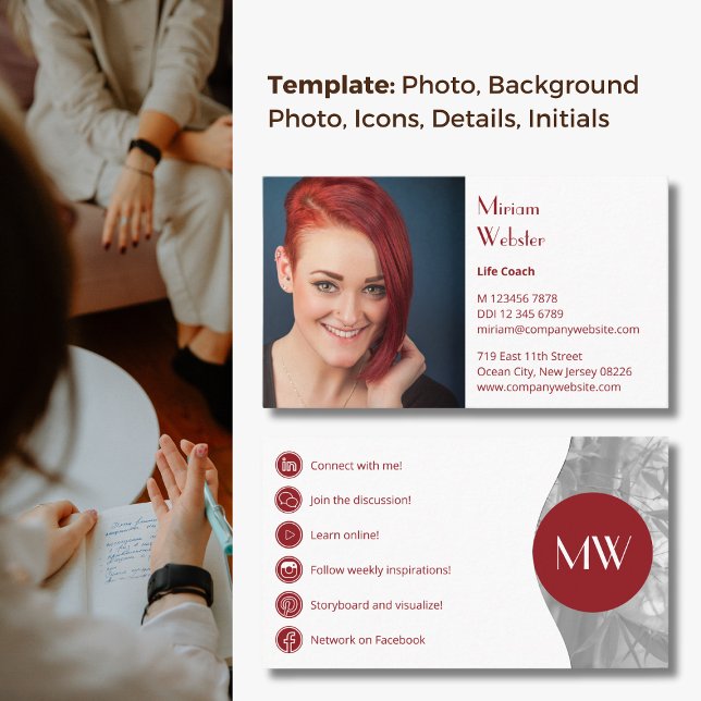 Professional Life Coach Networking & Business Card (Professional Life Coach Networking & Business Card, Photo, Social Icons, Initials)