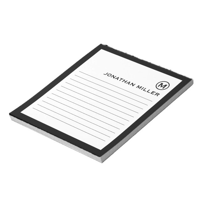 Professional Lined Black White Monogram Notepad (Rotated)