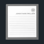 Professional Lined Grey White Monogram Notepad<br><div class="desc">A professional lined notepad with a minimalist design in a grey and white colour palette. Custom monogram initial and name on a simple white background,  framed by a grey border. Personalise using the fields provided or use the 'message' button to contact the designer for help.</div>