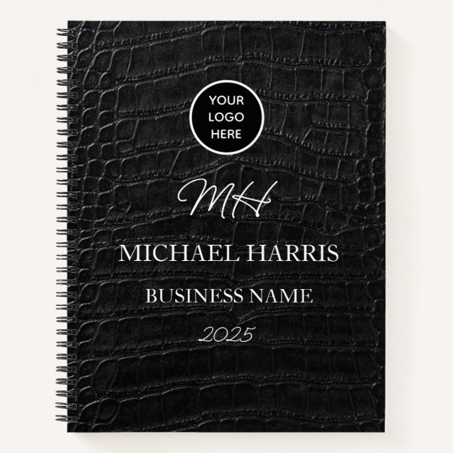 Professional Logo Black Leather Monogram Business Notebook (Front)