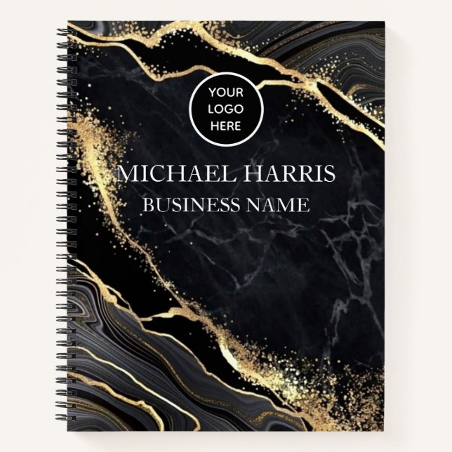 Professional Logo Black Marble Monogram Business Notebook (Front)