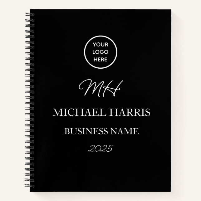 Professional Logo Black Monogram Initial Business Notebook (Front)