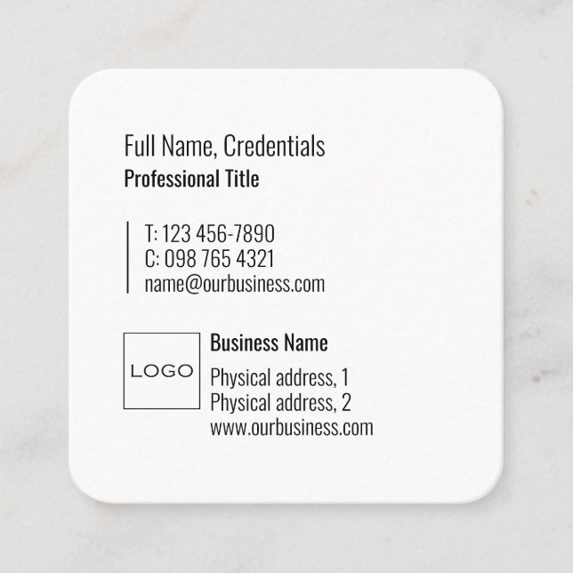 Professional Logo Elegant Modern Simple Chic White Square Business Card (Front)