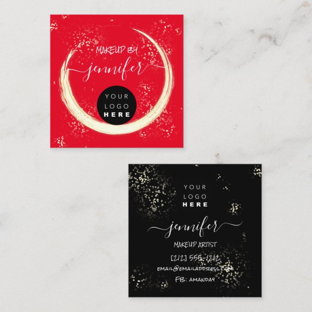 Professional Logo  Nails Beauty Hair Black Red Square Business Card (Front/Back)