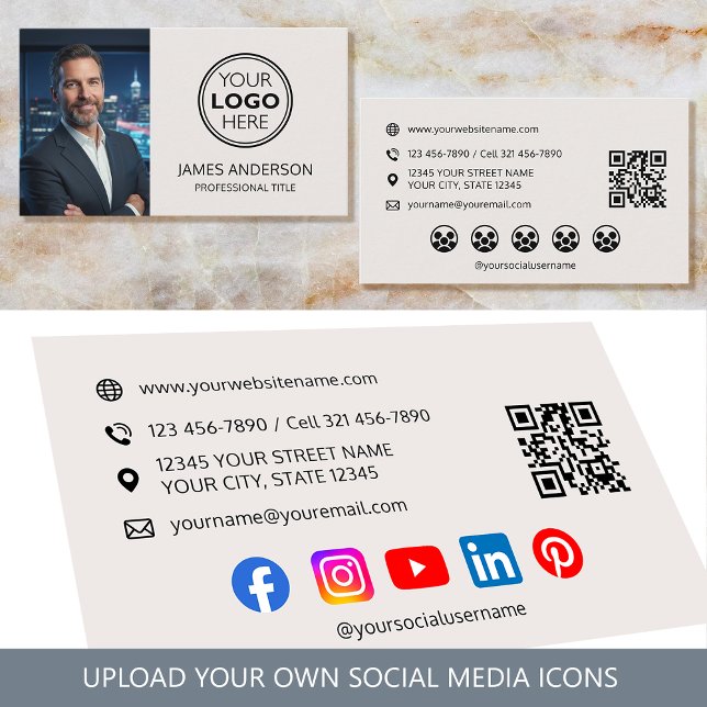 Professional Logo Photo Social Media Off-White Business Card (Creator Uploaded)