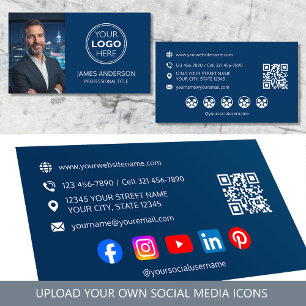 Professional Logo Photo Social Media QR Code Navy Business Card