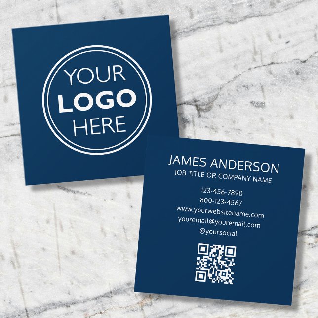 Professional Logo QR Code Minimalist Modern Navy Square Business Card (Creator Uploaded)