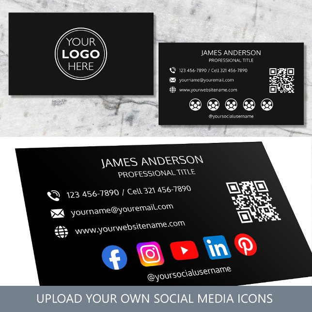 Professional Logo Social Media QR Code Black Business Card (Creator Uploaded)