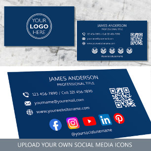 Professional Logo Social Media QR Code Navy Business Card