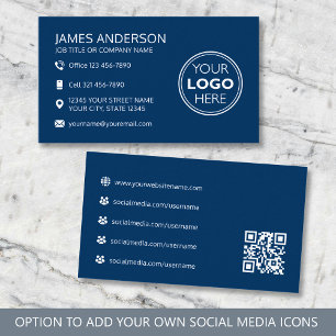 Professional Logo Social Media QR Code Navy Business Card