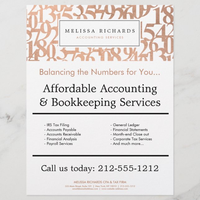 Professional Luxe Rose Gold Numbers Accountant Flyer (Front)
