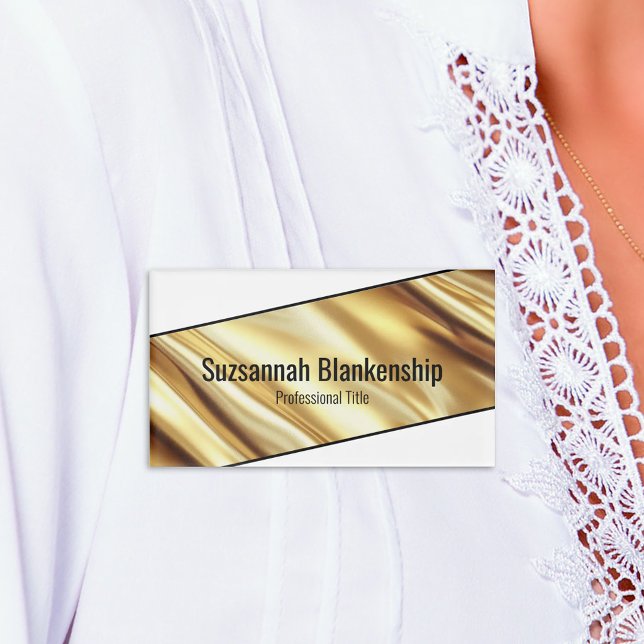 Professional Luxury Gold Ribbon Black Text Name Tag (Luxurious gold ribbon on white name tag)
