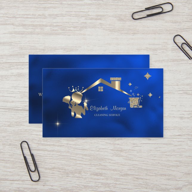 Professional Maid Cleaning House Royal Blue Business Card (Front/Back In Situ)
