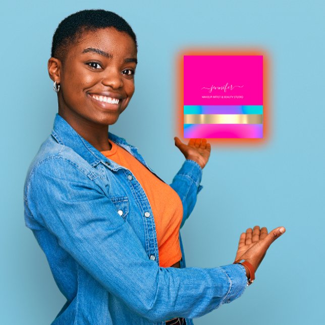 Professional Makeup Artist Holographic Blue Pink Square Business Card (Professional Makeup Artist Holographic Blue Pink Square Business Card)