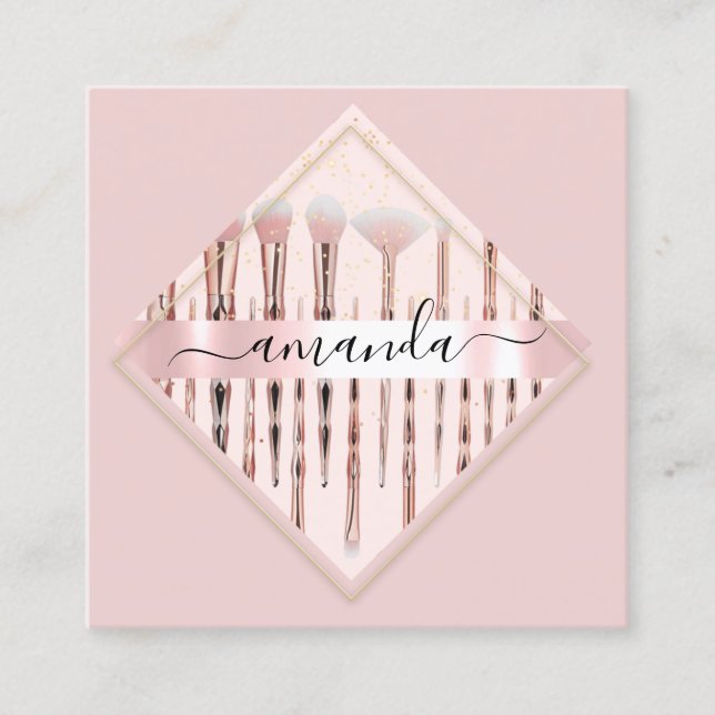 Professional Makeup Artist Logo Brushes Rose Frame Square Business Card (Front)