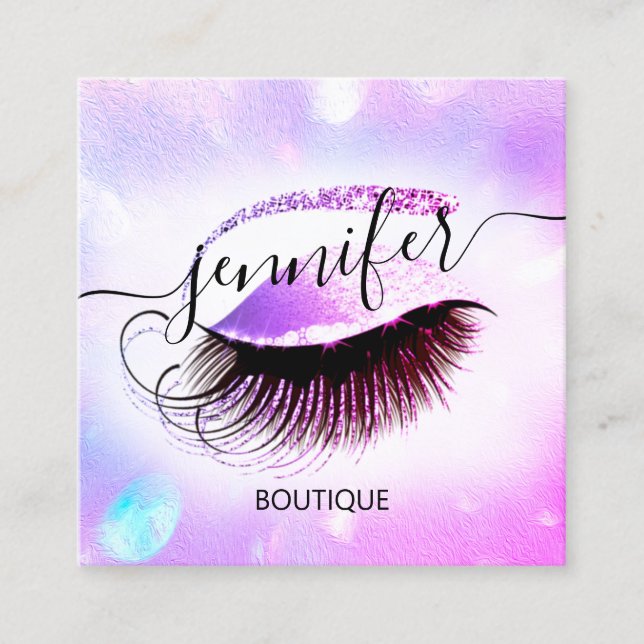 Professional Makeup Lash QR Code Holographic Pinky Square Business Card (Front)