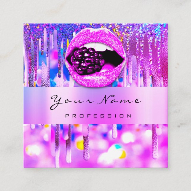 Professional Makeup  Logo Lip Holograph Drip Berry Square Business Card (Front)