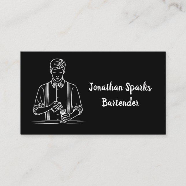 Professional Male Bartender Black and White Business Card (Front)