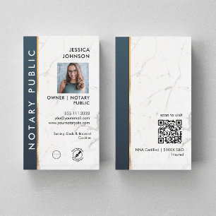 Professional Marble Blue & Gold Notary Photo QR Business Card