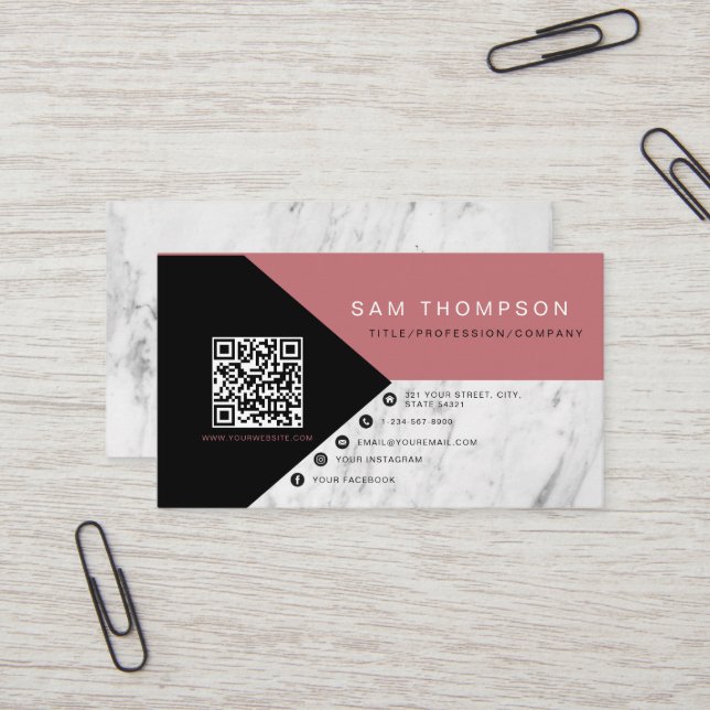 Professional Marble Pink Black QR Code Modern  Business Card (Front/Back In Situ)